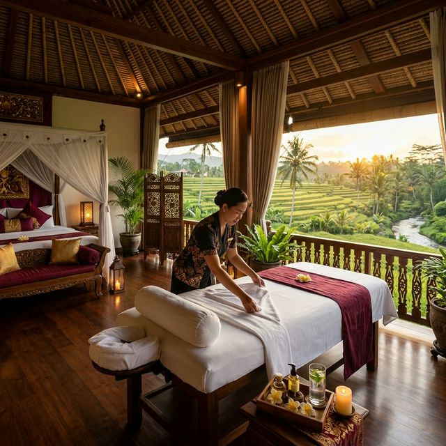 Therapist setting up massage at a Bali villa
